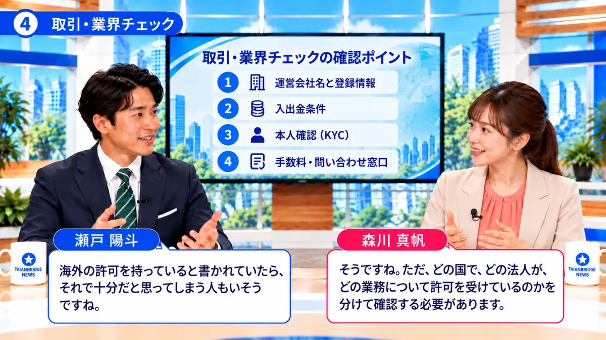 取引・業界チェック｜運営会社名と登録情報、入出金条件、本人確認（KYC）、手数料・問い合わせ窓口の確認ポイントを前に、海外の許可と日本の登録は別だと話す瀬戸陽斗と森川真帆