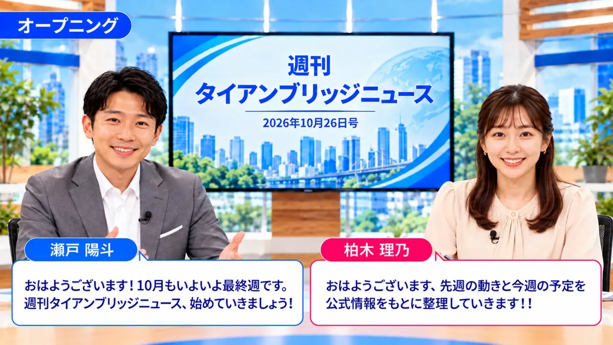 オープニング|週刊タイアンブリッジニュース 2026年10月26日号のスタジオで挨拶する瀬戸陽斗と柏木理乃