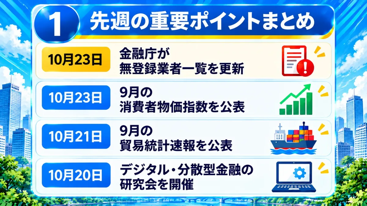 サクッと先週まとめ|先週の重要ポイント4項目:10月23日 金融庁が無登録業者一覧を更新、10月23日 9月の消費者物価指数を公表、10月21日 9月の貿易統計速報を公表、10月20日 デジタル・分散型金融の研究会を開催