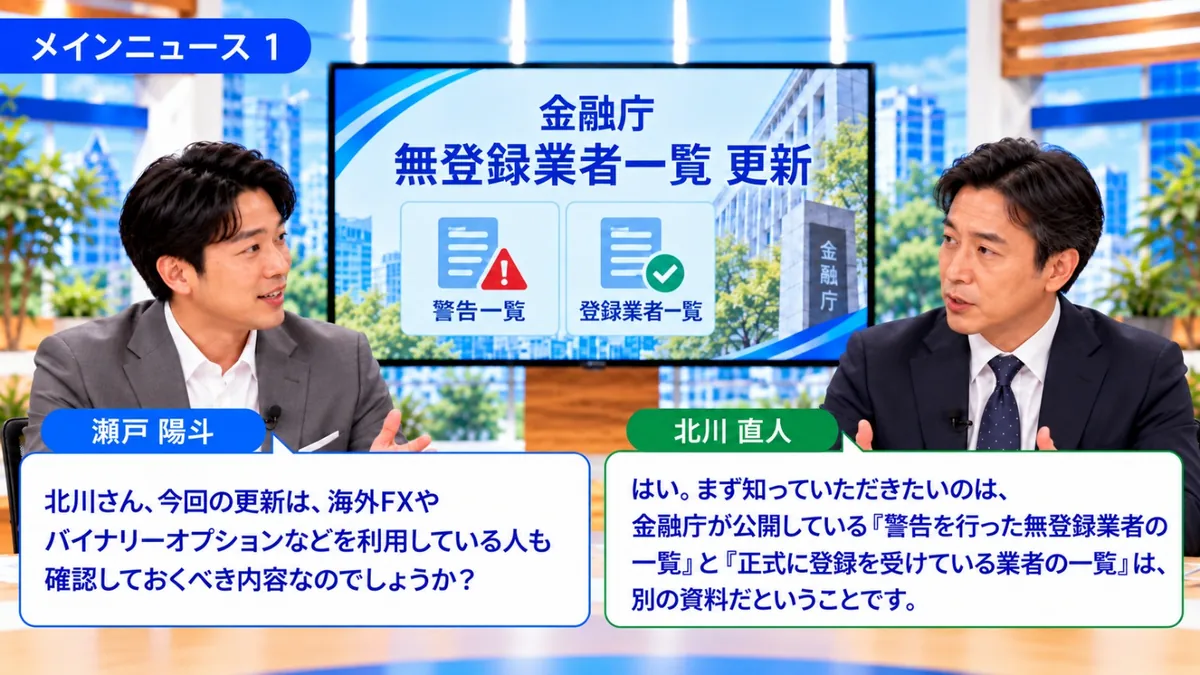 今週のメインニュース|金融庁の無登録業者一覧更新について、警告一覧と登録業者一覧は別の資料だと説明する北川直人と質問する瀬戸陽斗