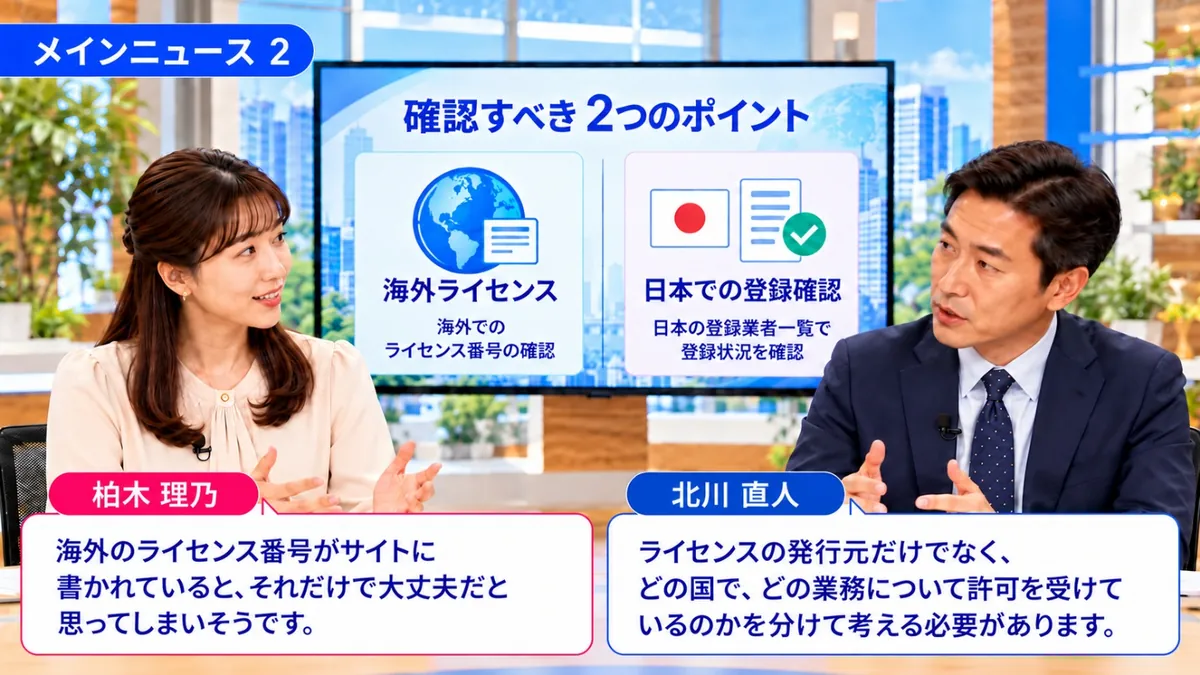 今週のメインニュース|確認すべき2つのポイント:海外ライセンスの確認と日本での登録確認について話す柏木理乃と北川直人