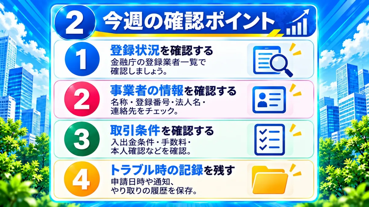 今週の確認ポイント|登録状況を確認する(金融庁の登録業者一覧)、事業者の情報を確認する(名称・登録番号・法人名・連絡先)、取引条件を確認する(入出金条件・手数料・本人確認)、トラブル時の記録を残す(申請日時や通知、やり取りの履歴)
