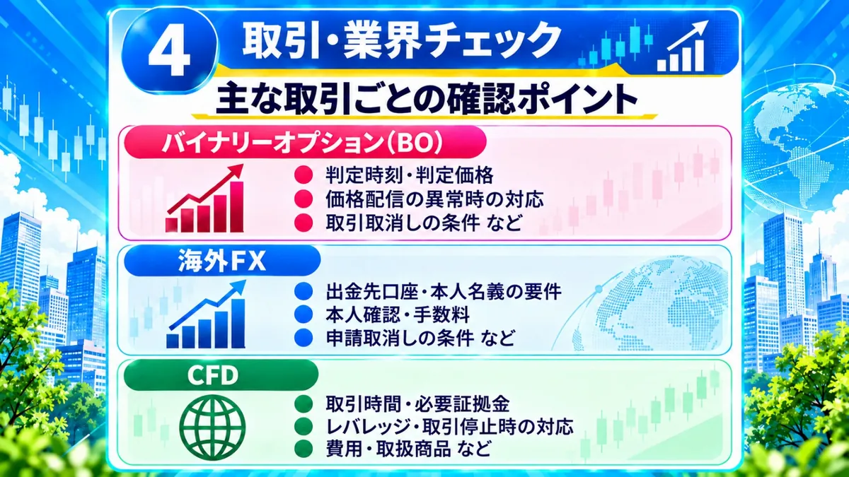 取引・業界チェック|主な取引ごとの確認ポイント:バイナリーオプション(判定時刻・判定価格、価格配信の異常時の対応、取引取消しの条件)、海外FX(出金先口座・本人名義の要件、本人確認・手数料、申請取消しの条件)、CFD(取引時間・必要証拠金、レバレッジ・取引停止時の対応、費用・取扱商品)