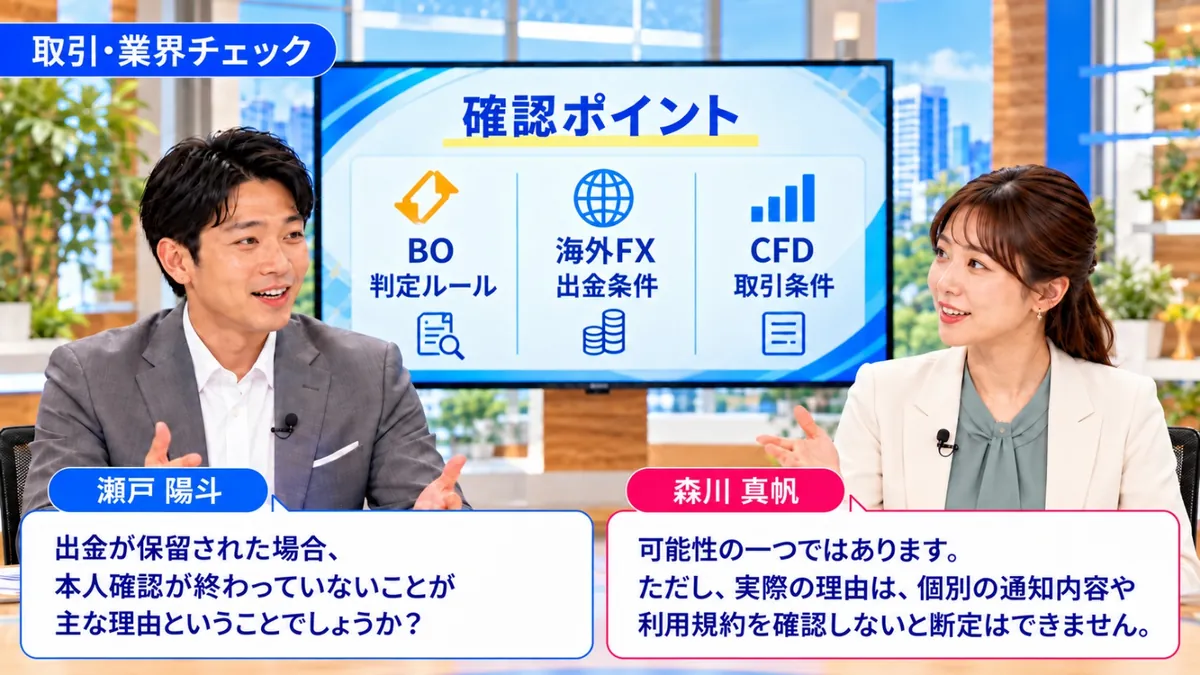 取引・業界チェック|BOの判定ルール・海外FXの出金条件・CFDの取引条件を前に、出金保留の理由は個別の通知内容や利用規約を確認しないと断定できないと話す森川真帆と瀬戸陽斗