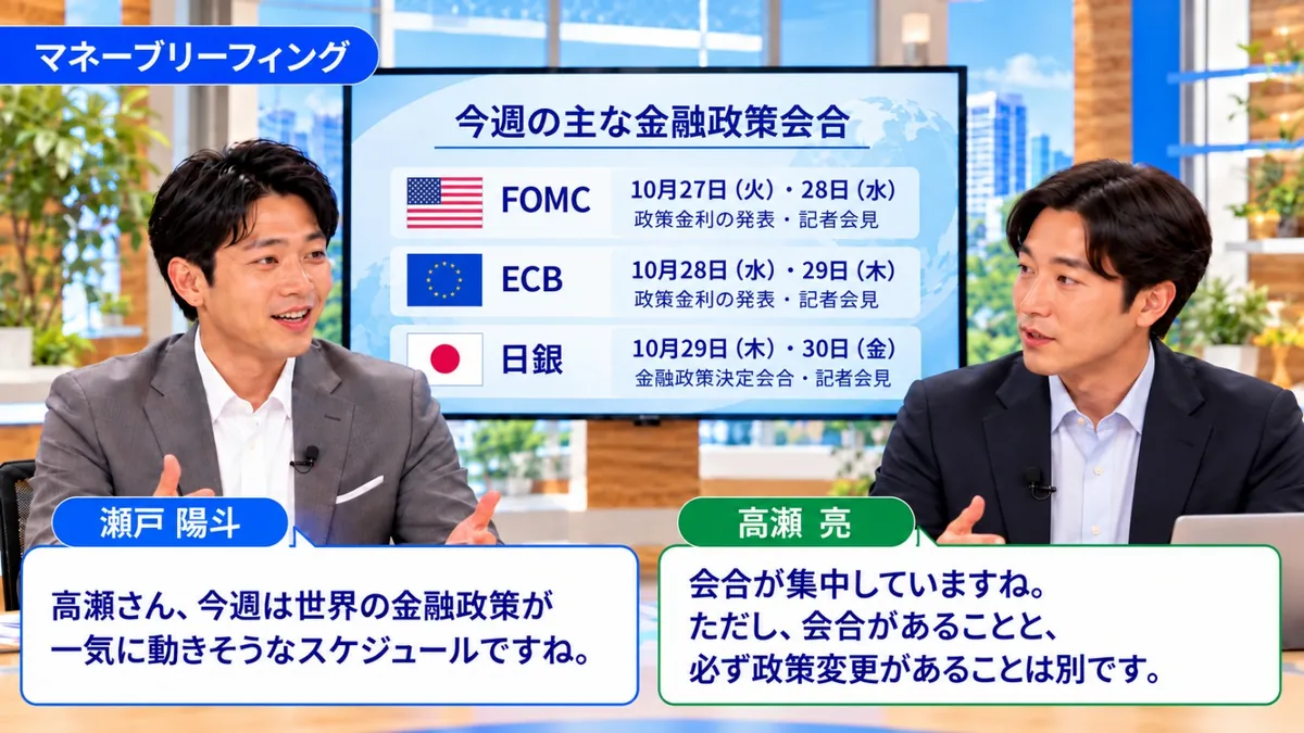 マネーブリーフィング|今週の主な金融政策会合(FOMC 10月27日・28日、ECB 10月28日・29日、日銀 10月29日・30日)を前に、会合があることと必ず政策変更があることは別だと話す高瀬亮と瀬戸陽斗