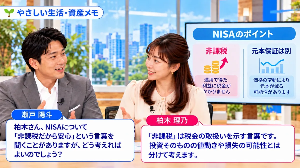やさしい生活・資産メモ|NISAのポイント(非課税は運用で得た利益に税金がかからないこと、元本保証は別で価格の変動により元本が減る可能性がある)について話す柏木理乃と瀬戸陽斗