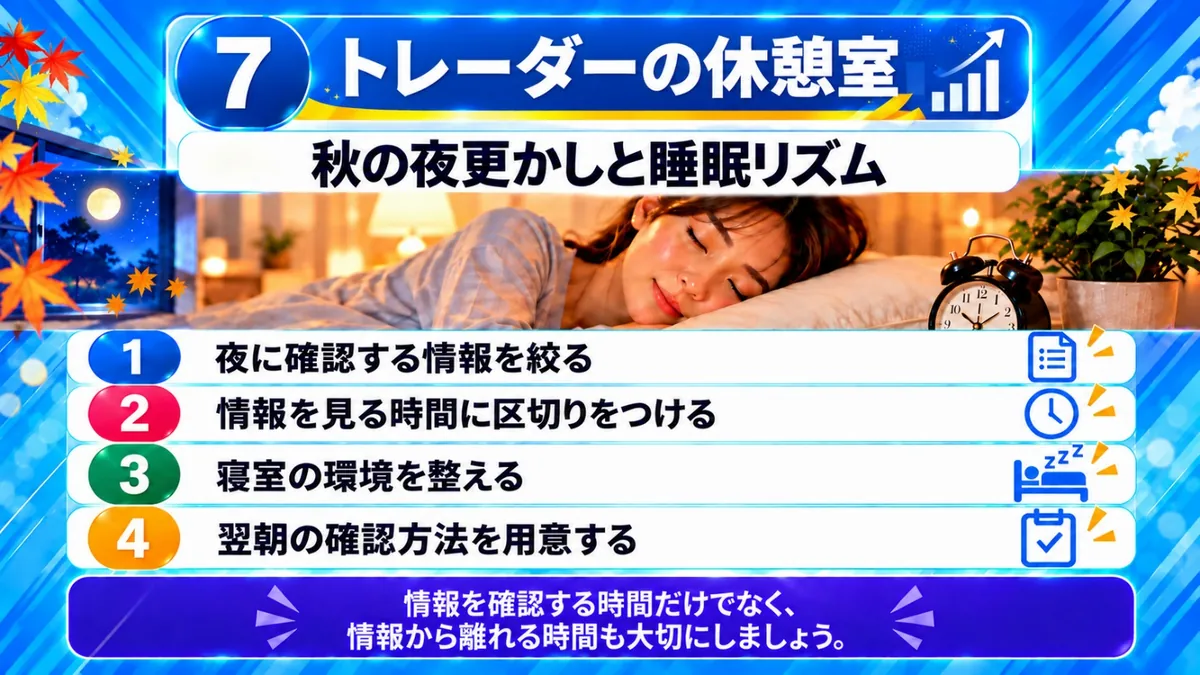 トレーダーの休憩室|秋の夜更かしと睡眠リズム:生活リズムを見直す4つのチェックポイント(夜に確認する情報を絞る、情報を見る時間に区切りをつける、寝室の環境を整える、翌朝の確認方法を用意する)。情報を確認する時間だけでなく、情報から離れる時間も大切に