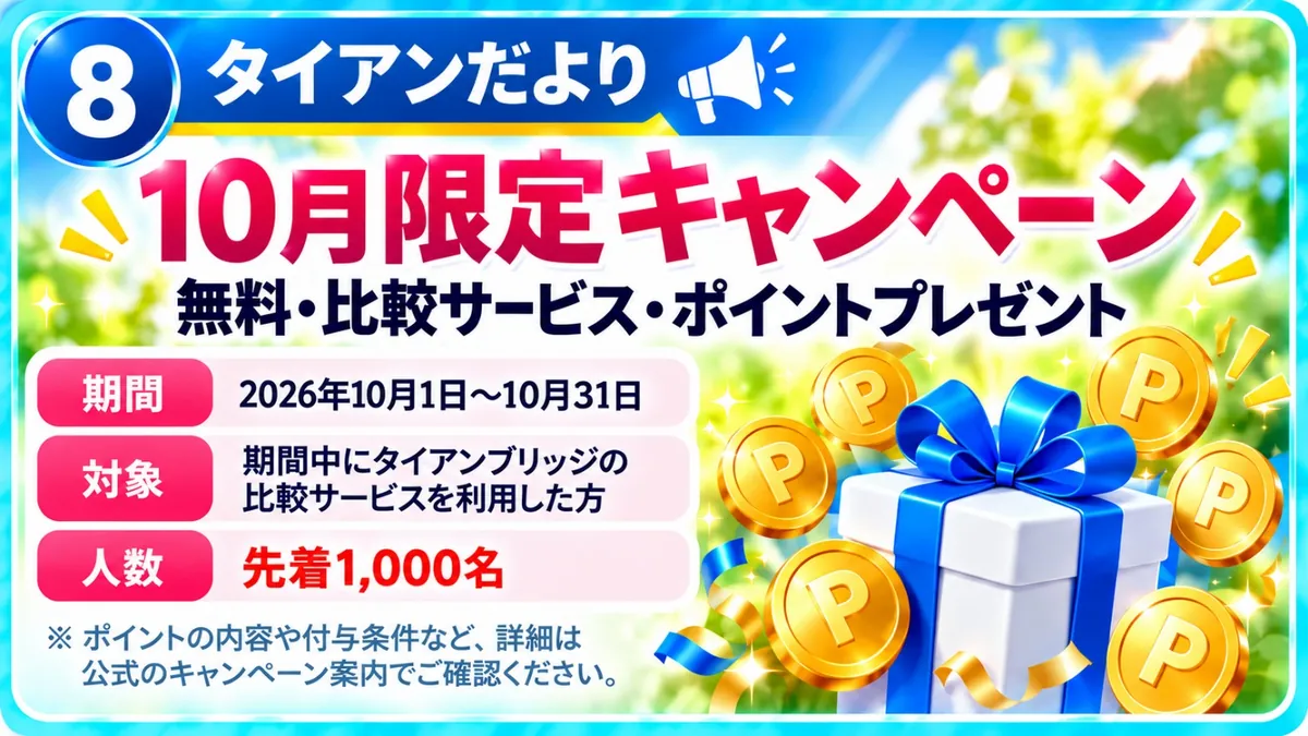 タイアンだより|10月限定キャンペーン(無料・比較サービス・ポイントプレゼント):期間は2026年10月1日〜10月31日、対象は期間中にタイアンブリッジの比較サービスを利用した方、先着1,000名、ポイントの内容や付与条件など詳細は公式のキャンペーン案内で確認