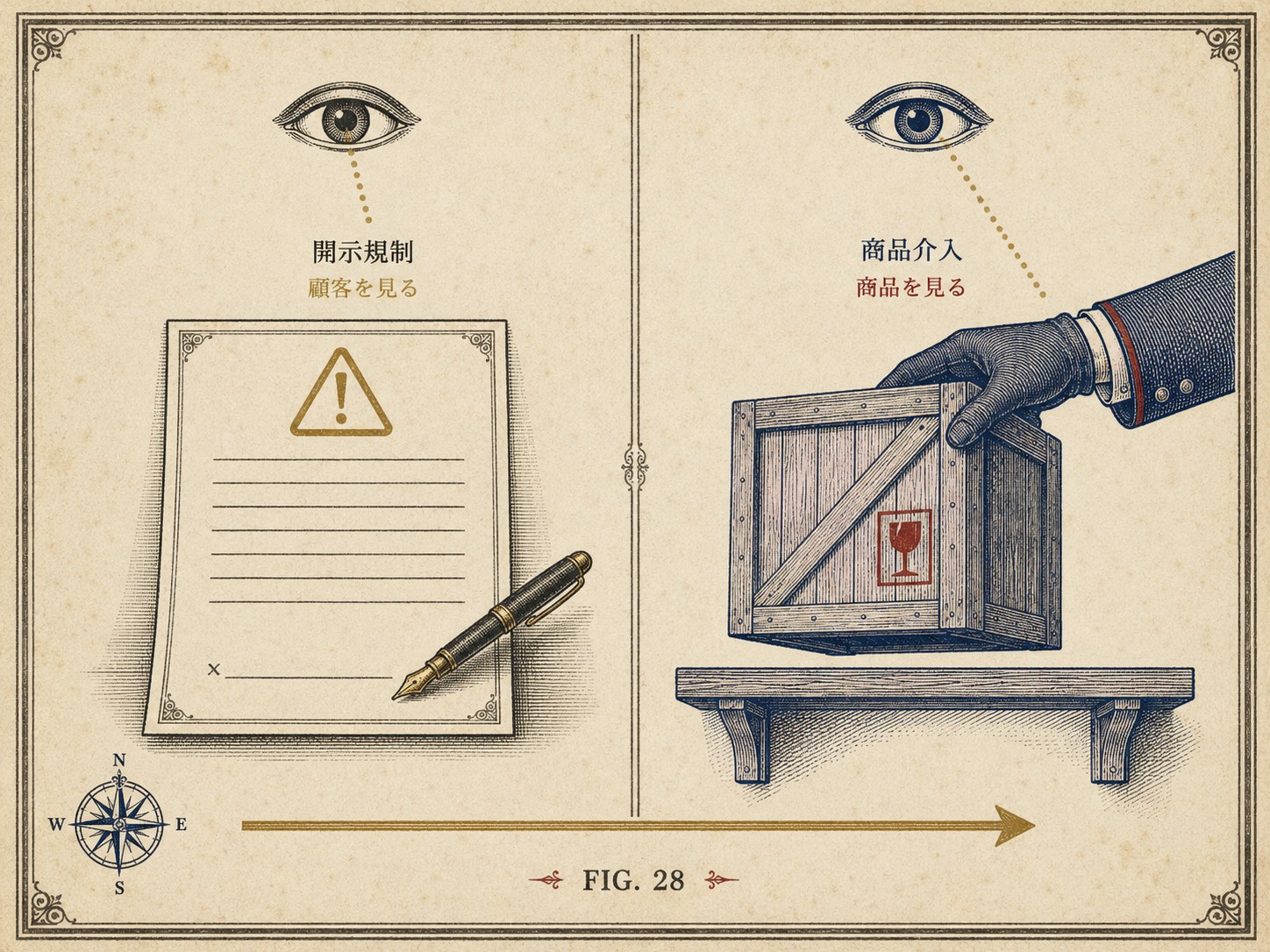 FIG.28 二つの文法 ― 顧客を見る開示規制と、商品を見る商品介入を左右に並べて対比した図