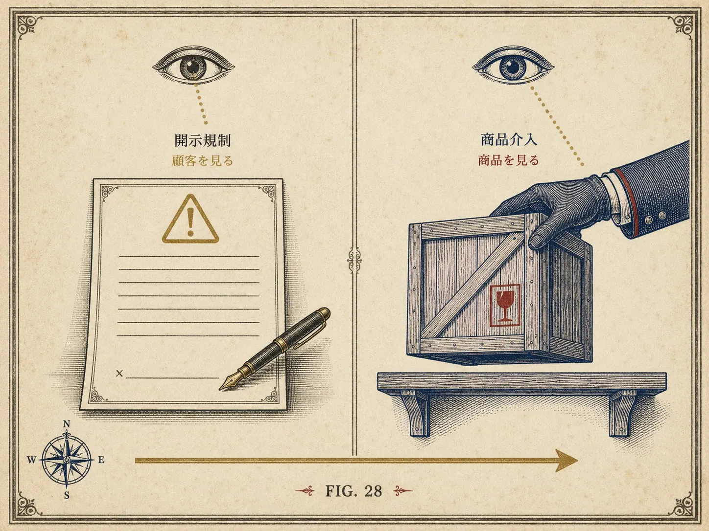 FIG.28 二つの文法 ― 顧客を見る開示規制と、商品を見る商品介入を左右に並べて対比した図