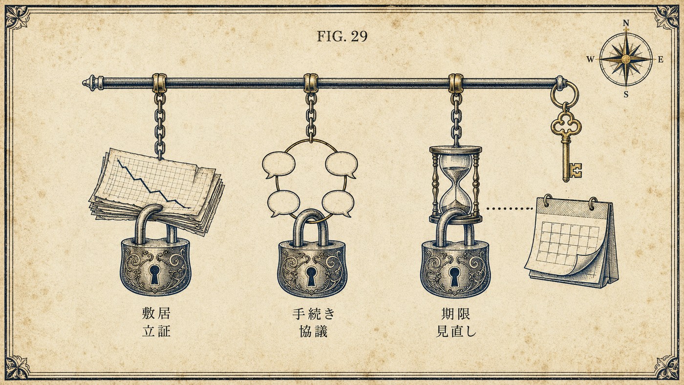 FIG.29 三つのブレーキ ― 敷居(立証)・手続き(協議)・期限(見直し)の三つの錠前を並べた図
