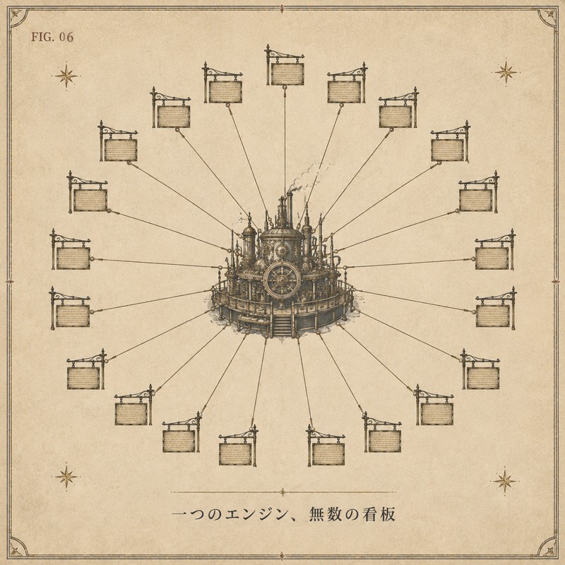 FIG.06 一つのエンジン、無数の看板 ― ホワイトレーベルで一つのプラットフォームから多数のブランドが派生する構造図