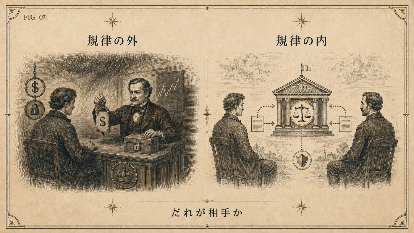 FIG.07 だれが取引相手か ― 「規律の外」と「規律の内」の構造を対比した版画風イラスト