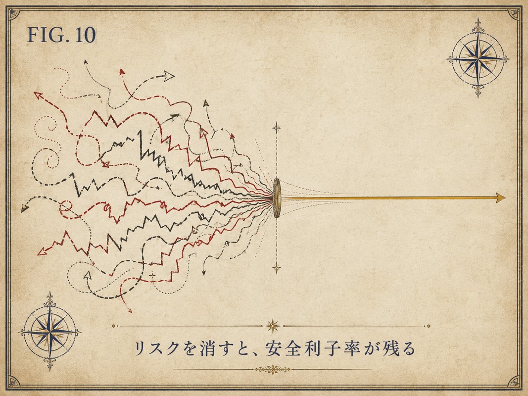 FIG.10 リスクを消すと、安全利子率が残る ― リスク中立の発想を示した図