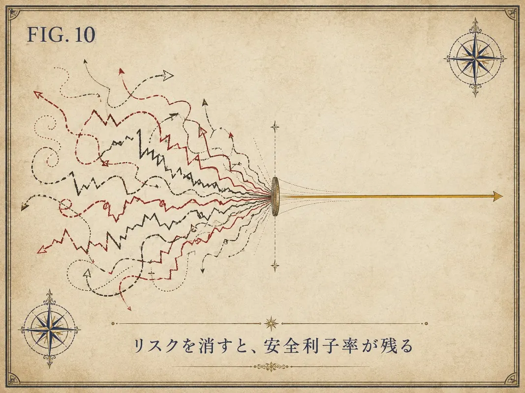 FIG.10 リスクを消すと、安全利子率が残る ― リスク中立の発想を示した図
