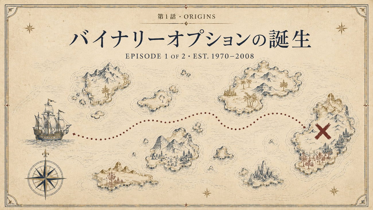 第1話 ORIGINS ― バイナリーオプションの誕生。今回の旅のルートを描いた古地図イラスト