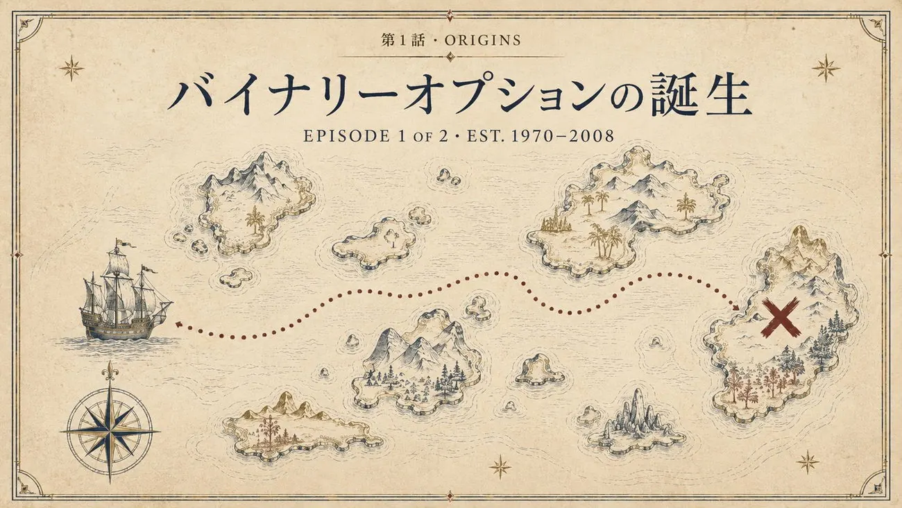 第1話 ORIGINS ― バイナリーオプションの誕生。今回の旅のルートを描いた古地図イラスト