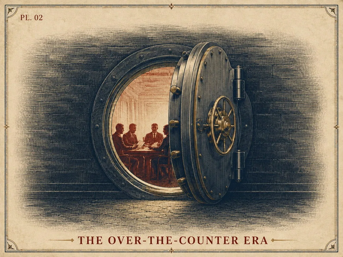 PL.02 THE OVER-THE-COUNTER ERA ― 金庫の扉の奥で契約を交わす銀行家たちの版画風イラスト