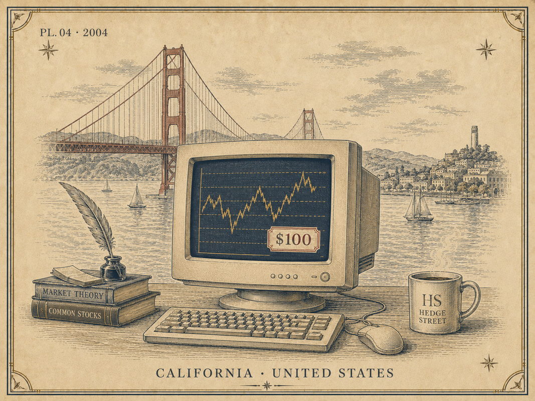 PL.04・2004 CALIFORNIA ― カリフォルニア州サンマテオで開かれた個人向けデリバティブ取引所を描いた版画風イラスト
