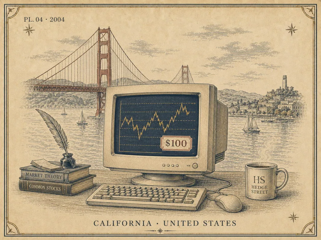 PL.04・2004 CALIFORNIA ― カリフォルニア州サンマテオで開かれた個人向けデリバティブ取引所を描いた版画風イラスト