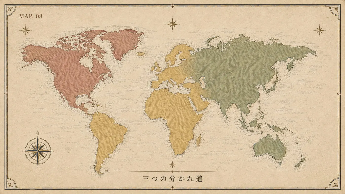 MAP.08 三つの分かれ道 ― 個人向け禁止・取引所限定・規制という世界の対応を色分けした世界地図