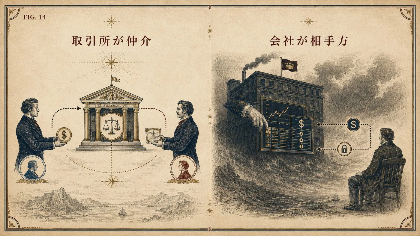 FIG.14 取引所が仲介する構造と会社が取引相手になる構造を対比した版画風イラスト