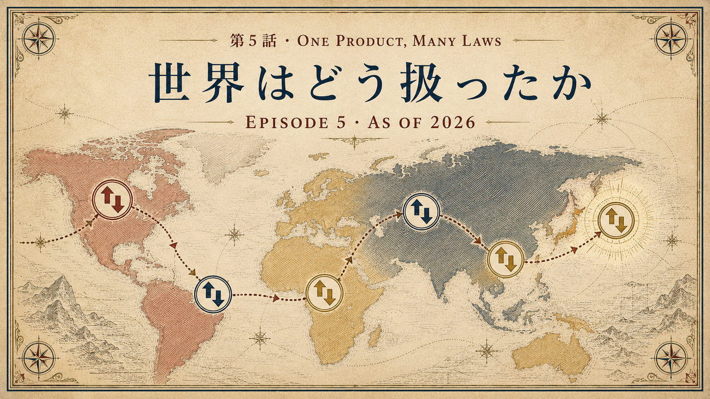 第5話 ONE PRODUCT, MANY LAWS 世界はどう扱ったか ― 2026年時点の各国対応を示す表紙の世界地図
