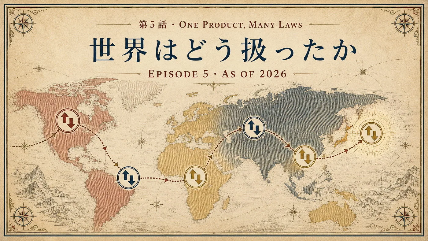 第5話 ONE PRODUCT, MANY LAWS 世界はどう扱ったか ― 2026年時点の各国対応を示す表紙の世界地図