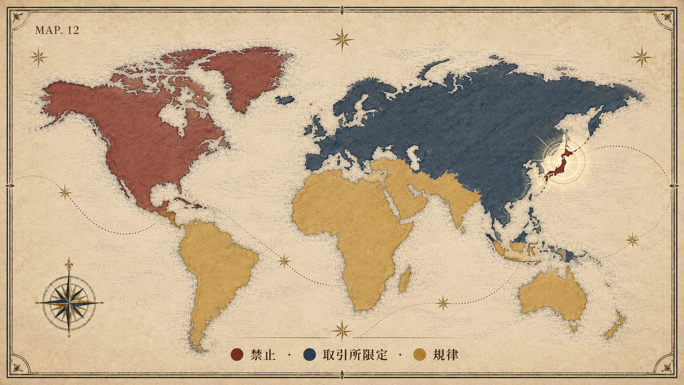MAP.12 世界の三つの対応 ― 個人向け禁止・取引所限定・規制を色分けした世界地図