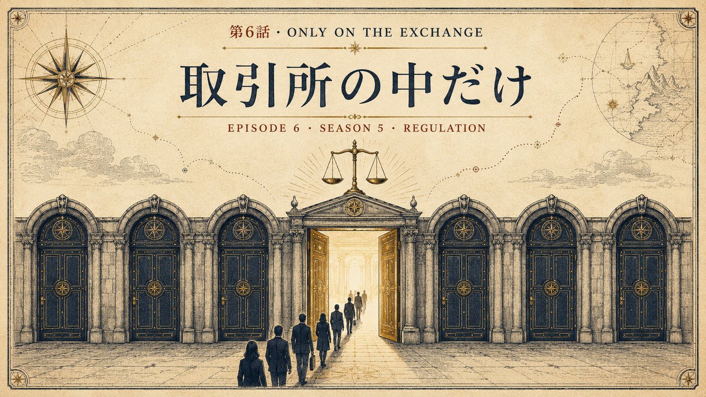 第6話 ONLY ON THE EXCHANGE 取引所の中だけ ― 並んだ扉のうち一つだけが開かれ、人々が入っていく表紙イラスト