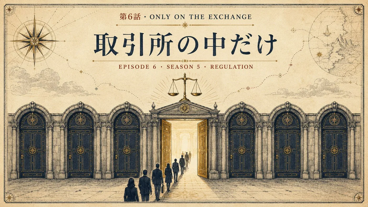 第6話 ONLY ON THE EXCHANGE 取引所の中だけ ― 並んだ扉のうち一つだけが開かれ、人々が入っていく表紙イラスト