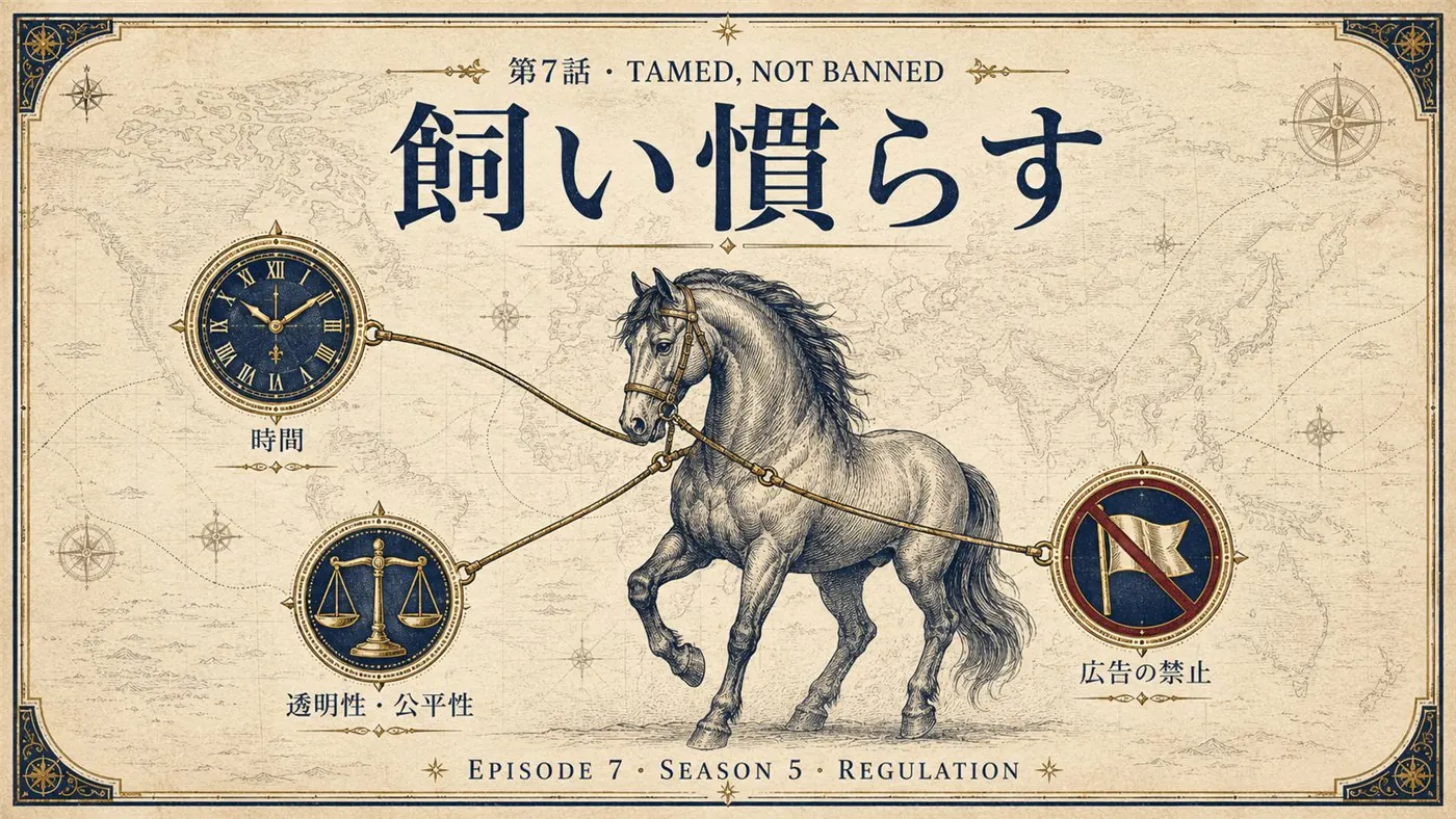 第7話 TAMED, NOT BANNED 禁止ではなく飼い慣らし ― 商品からギャンブルの成分だけを選んで取り除く様子を描いた表紙イラスト