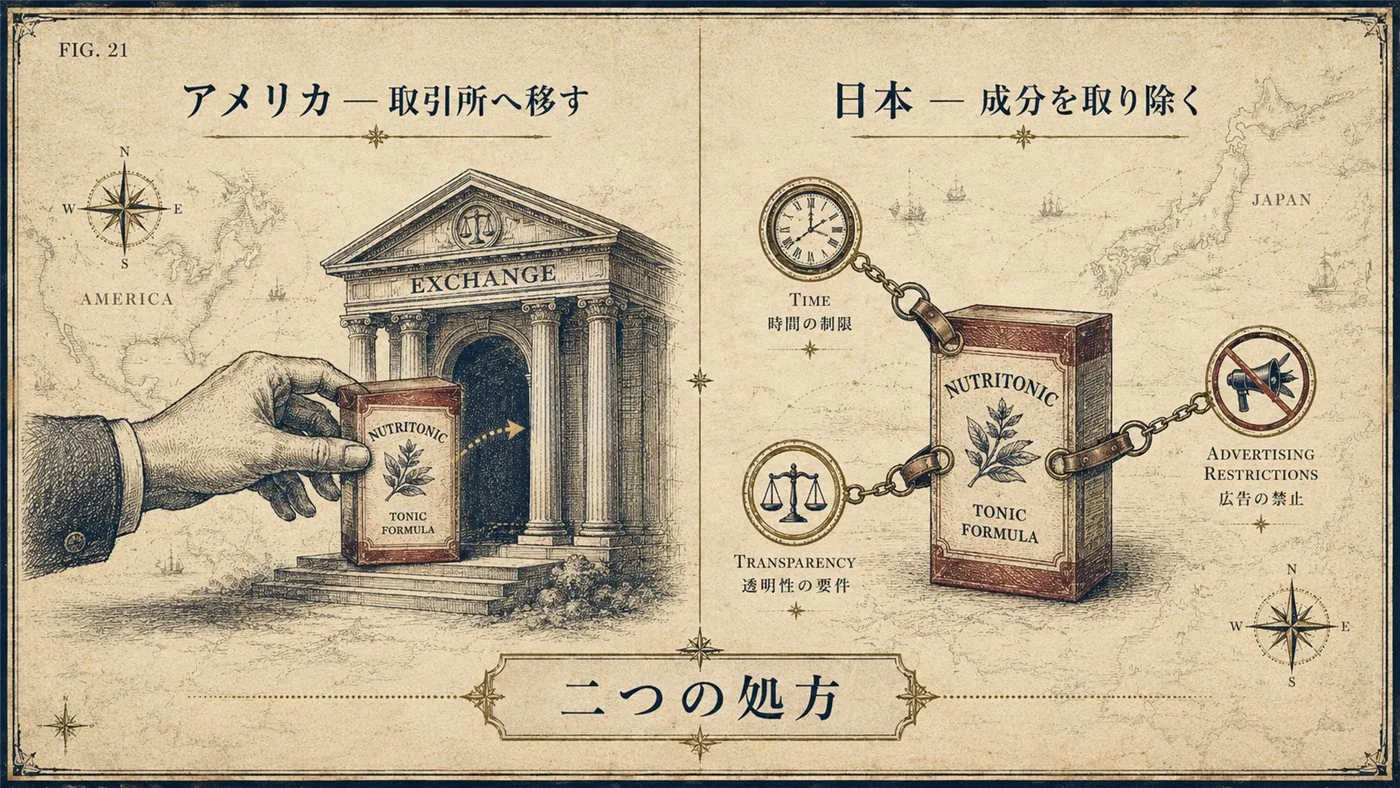FIG.21 二つの処方 ― 商品を取引所へ移したアメリカと、成分を取り除いた日本を対比した図