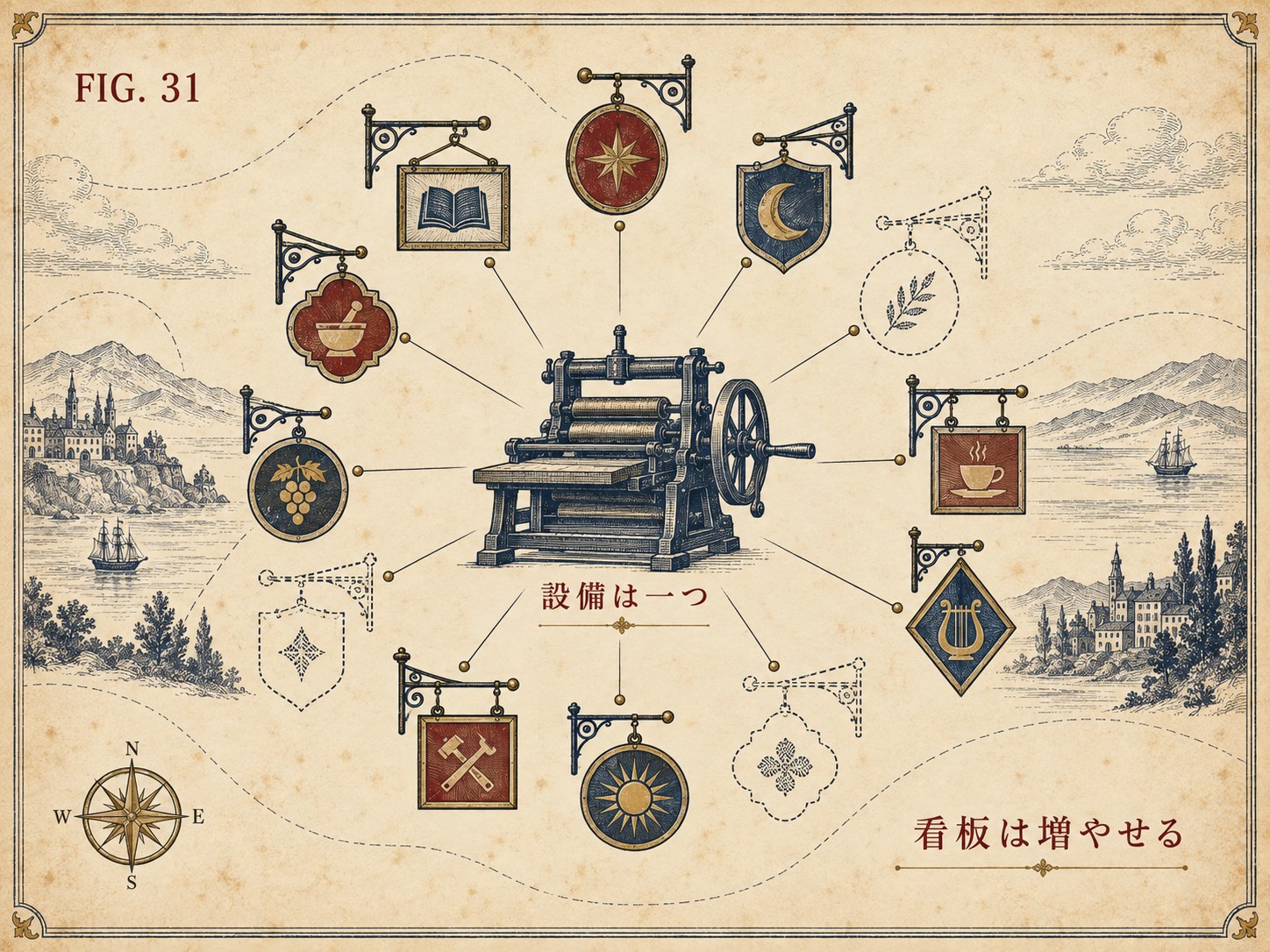 FIG.31 設備は一つ、看板は増やせる ― 一台の機械から放射状に多数の看板が伸び、破線の看板がさらに増えていく構造図
