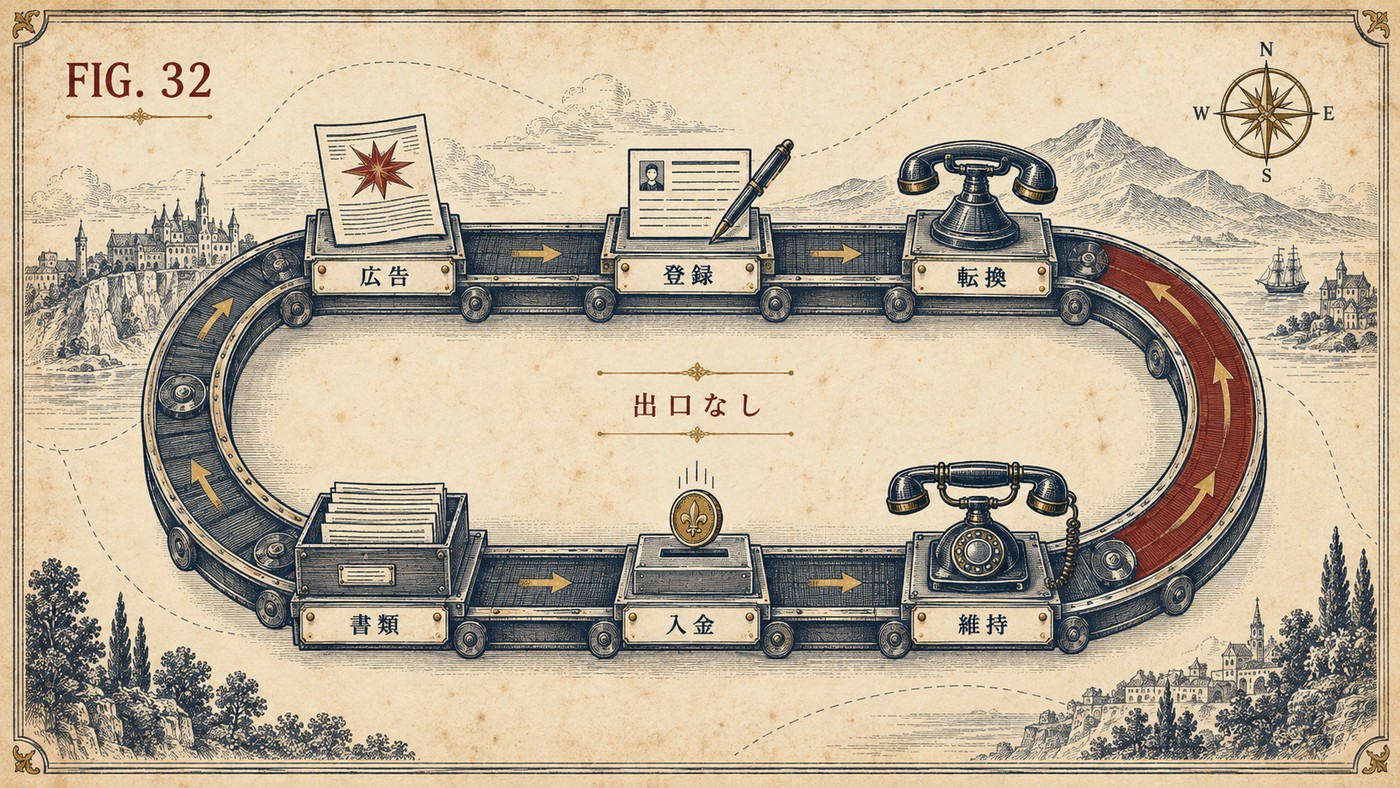 FIG.32 組立ライン ― 広告・登録・転換・維持・入金・書類が循環し、出口のないベルトコンベアを描いた工程図