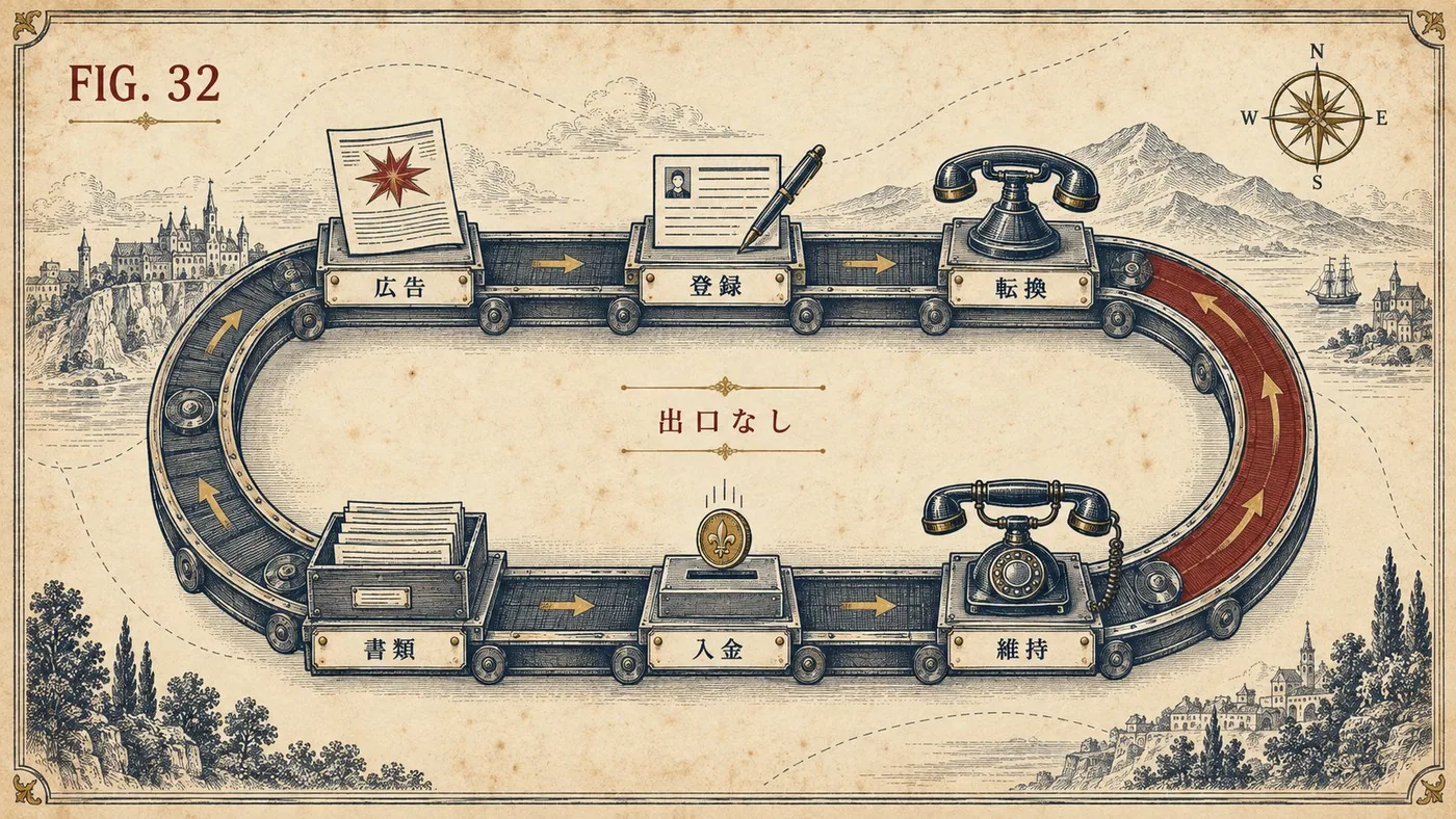 FIG.32 組立ライン ― 広告・登録・転換・維持・入金・書類が循環し、出口のないベルトコンベアを描いた工程図