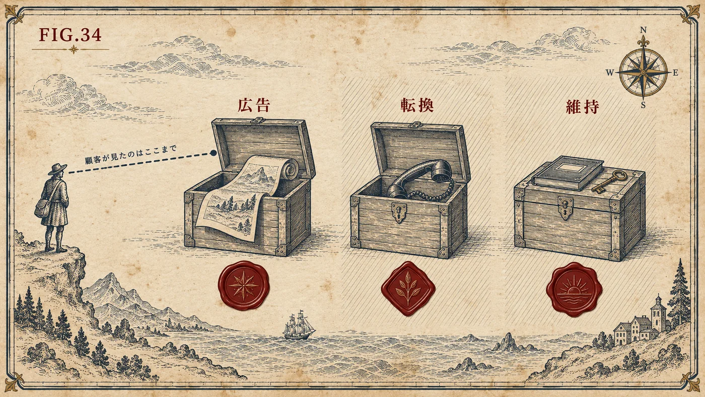 FIG.34 広告・転換・維持 ― 顧客が見たのは広告の箱まで、その奥に電話の箱と帳簿の箱が別々の封蝋で並ぶ三層構造の図
