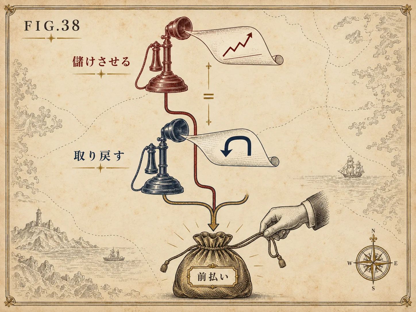 FIG.38 儲けさせる＝取り戻す ― 赤い電話と青い電話から伸びた線が、同じ「前払い」の袋へ流れ込む図