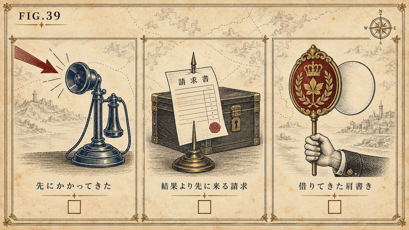 FIG.39 三つの判別基準 ― 先にかかってきた電話、結果より先に来る請求書、借りてきた肩書きの三枚のパネル