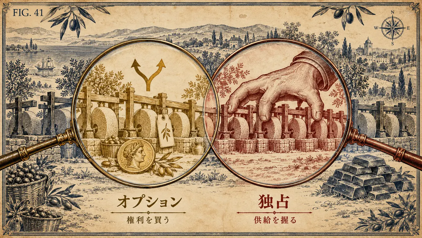 FIG.41 オプションか、独占か ― 同じ搾り機の列を二つの拡大鏡で見比べ、「権利を買う」と「供給を握る」を並べた図