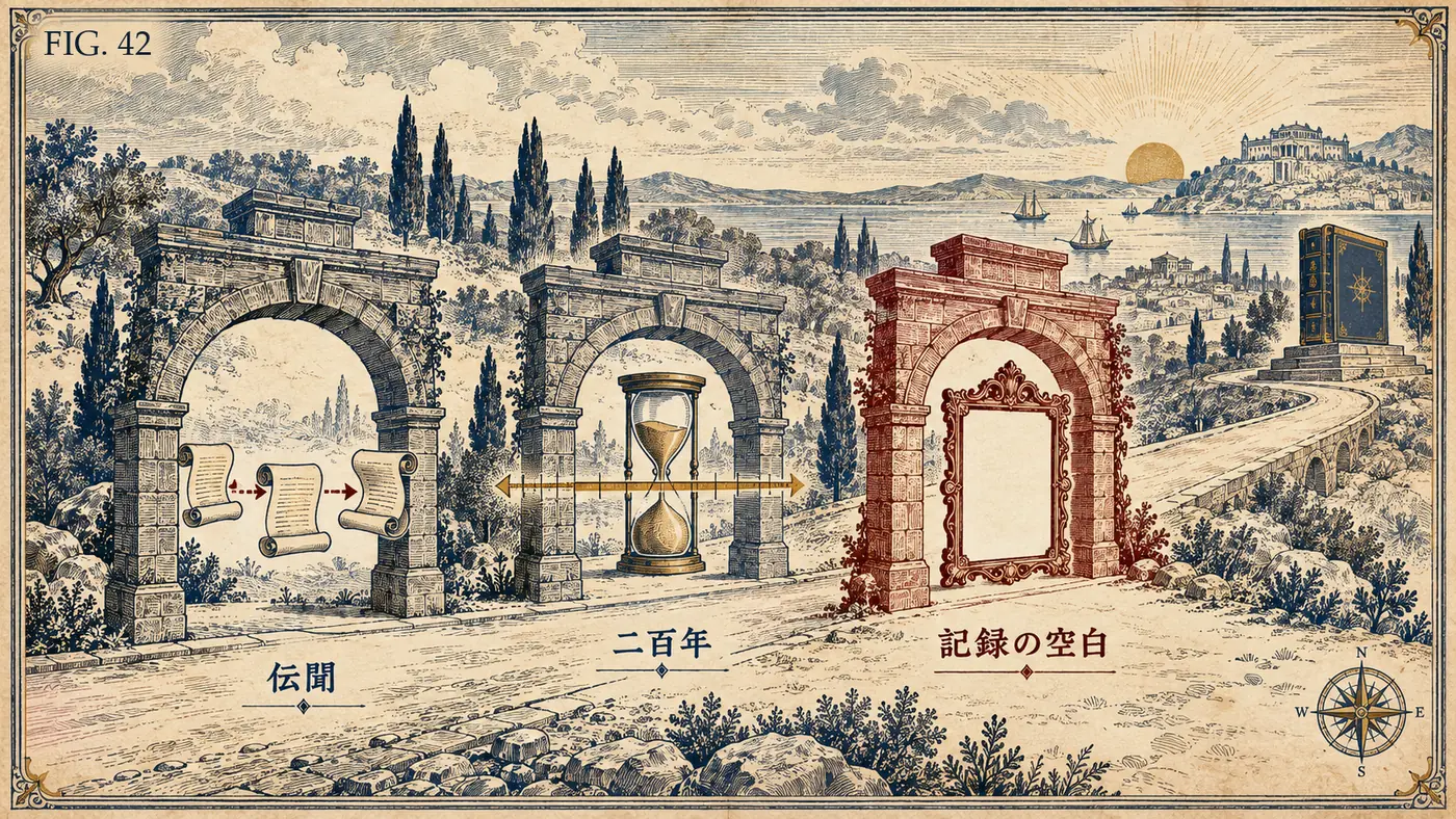 FIG.42 三重の距離 ― 伝聞・二百年・記録の空白の三つの門を抜けた先に、空の額縁が置かれた図