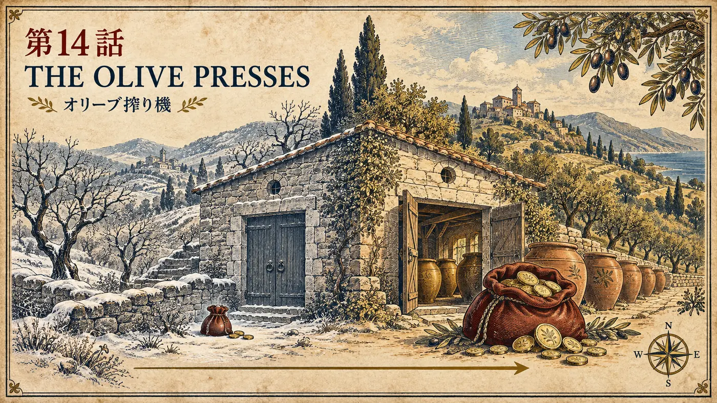 第14話 THE OLIVE PRESSES オリーブ搾り機 ― 雪の残る冬の搾油小屋と、壺と金貨が並ぶ収穫期の搾油小屋を一枚に描いた古地図風の表紙イラスト