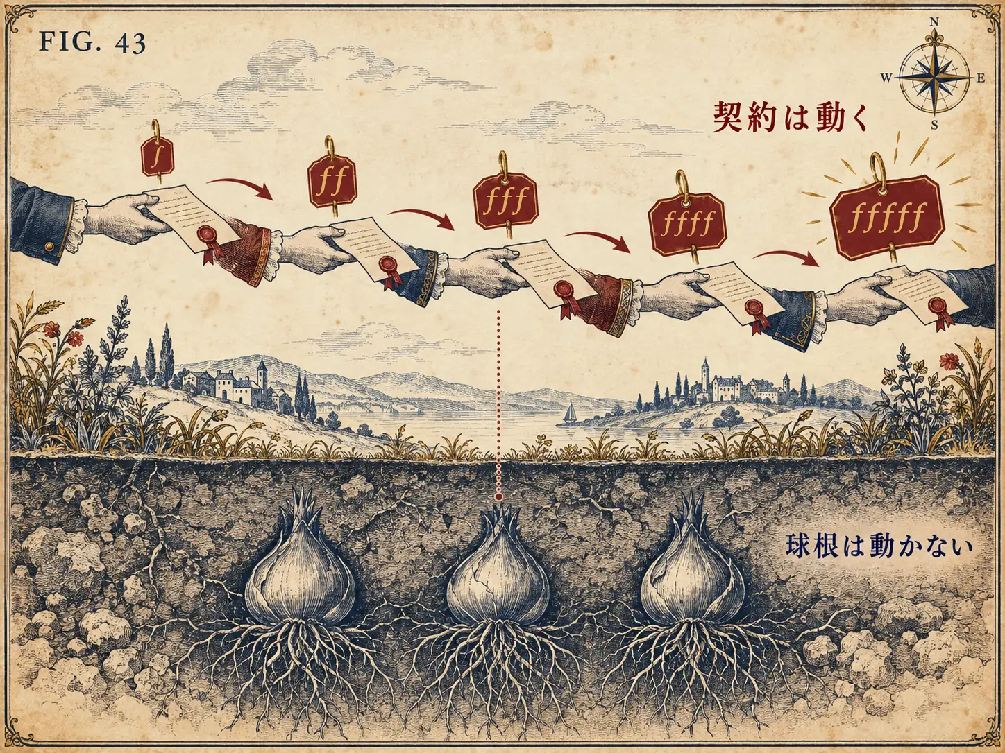 FIG.43 契約は動く、球根は動かない ― 封蝋の契約書が手から手へ渡るたびに値札のフローリン記号が増え、その下の土の中で球根がそのまま眠っている図