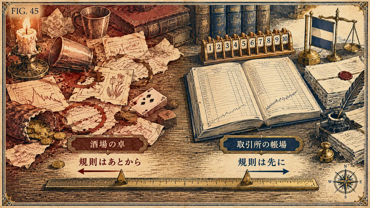 FIG.45 酒場の卓と取引所の帳場 ― 散らかった酒場の卓(規則はあとから)と、帳簿と天秤が整った取引所の帳場(規則は先に)を一本の物差しの上で比べた図