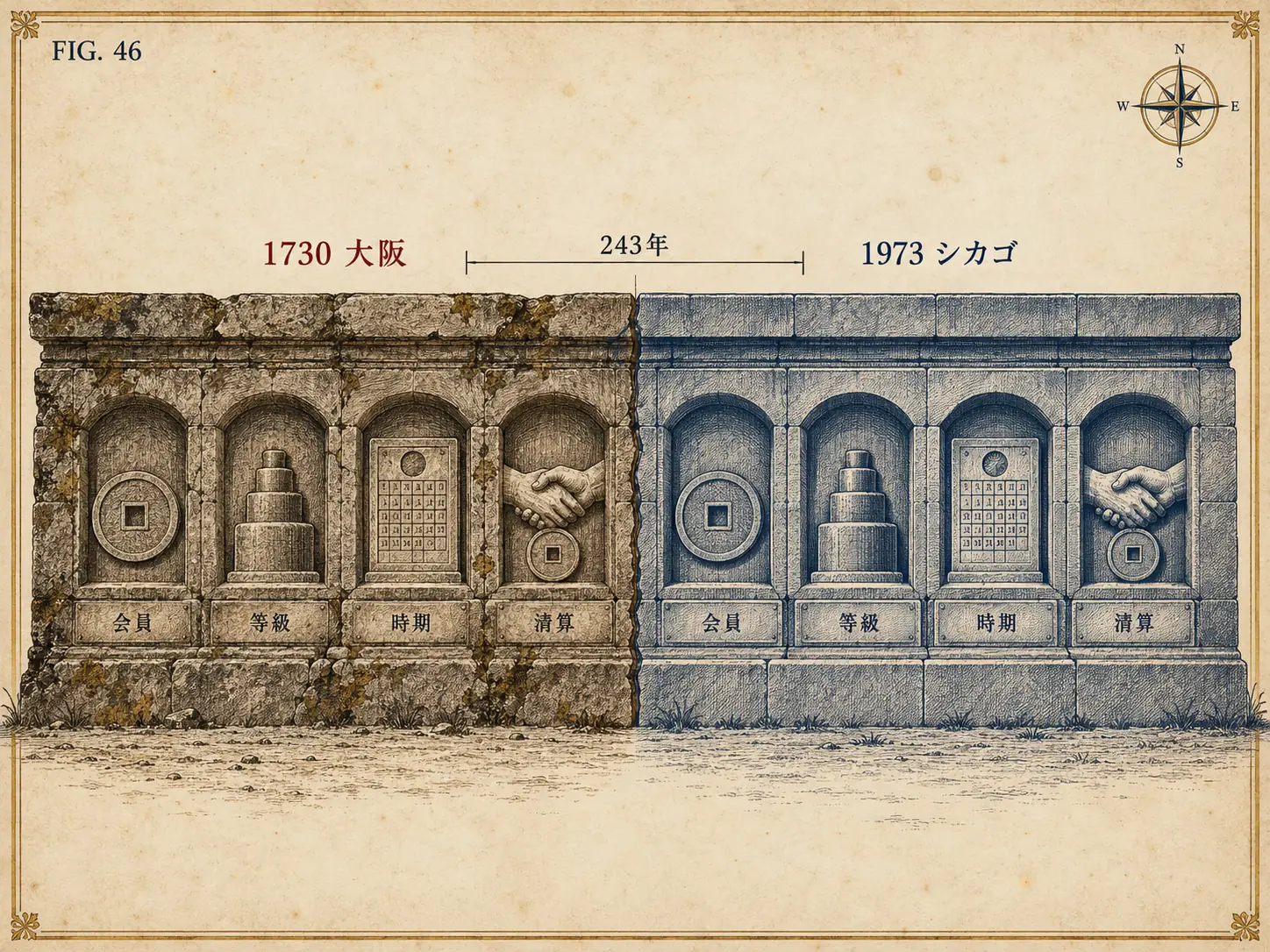 FIG.46 243年の隔たり ― 1730年の大阪と1973年のシカゴを石の壁に並べ、会員・等級・時期・清算の同じ四つの区画が刻まれた図