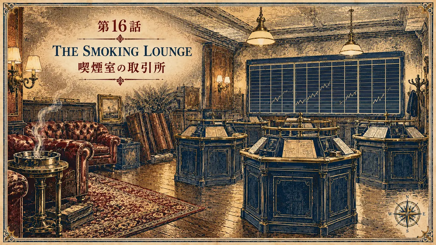 第16話THE SMOKING LOUNGE 喫煙室の取引所 ― 革張りのソファと灰皿が残る喫煙室に、八角形の取引ポストと相場掲示板が並ぶ古地図風の表紙イラスト
